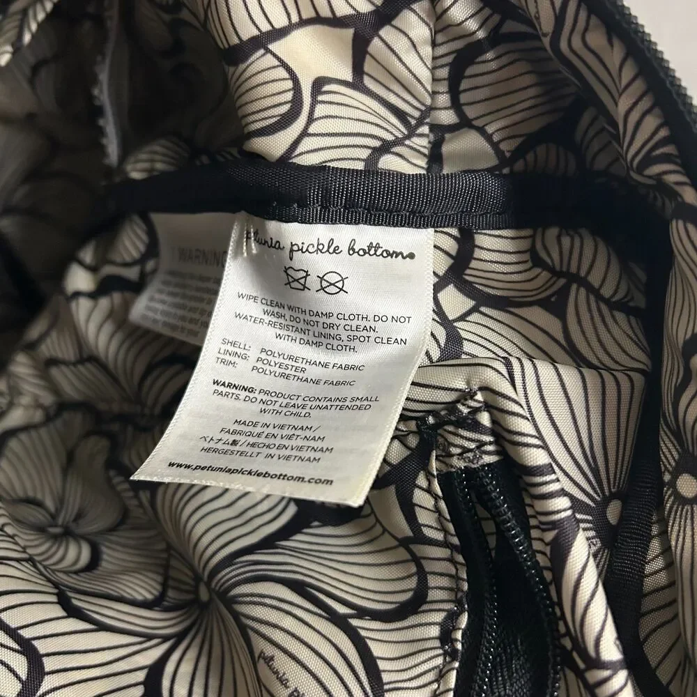 Petunia Pickle Bottom Black Vegan Leather Backpack Floral Lining Changing Pad